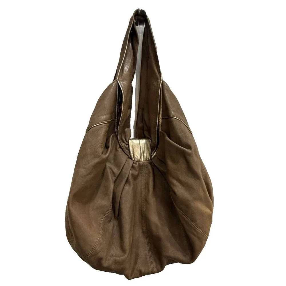 KOOBA Pleated Shoulder Leather Hobo Bag Purse Gold Brown Slouchy Boho - Picture 2 of 16
